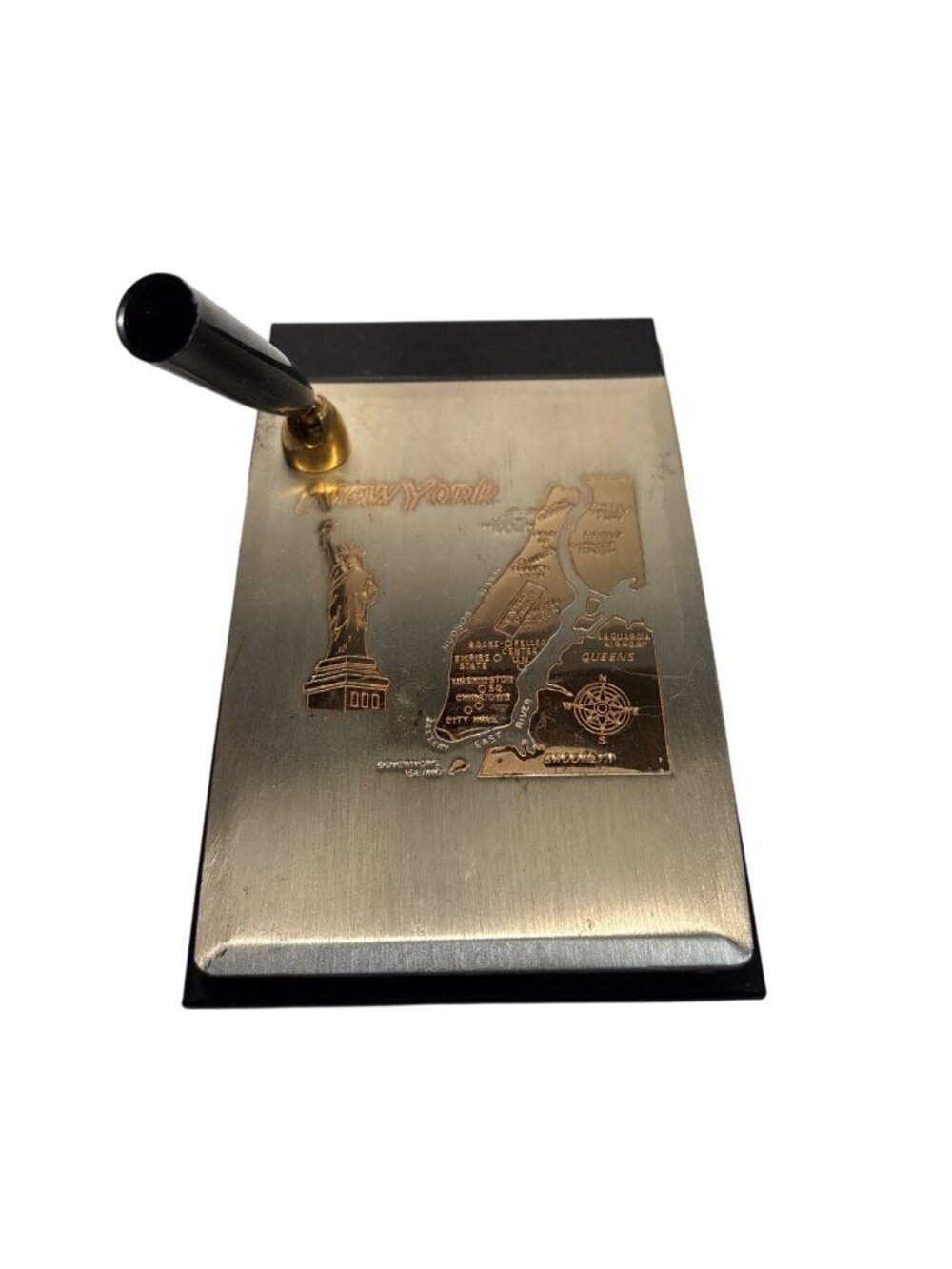 Vintage New York City Souvenir Desk Memo Pad Pen Holder Metallic Map Orig Paper